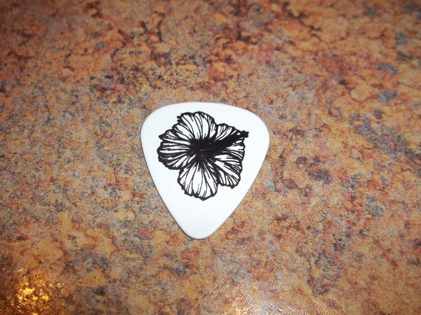 Guitar Pick Medium Celluloid - Hibiscus Flower - Black on White Plastic