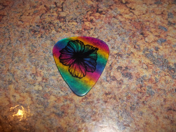 Guitar Pick Medium Celluloid - Hibiscus Flower - Black on Rainbow Plastic
