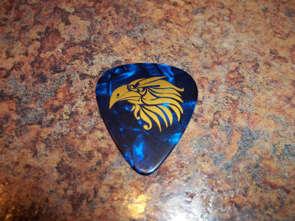 Guitar Pick Medium Celluloid - Eagle - Gold on Blue Pearl Plastic