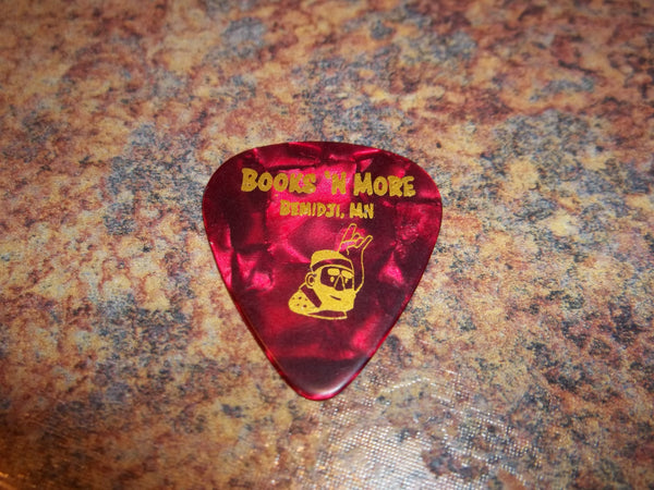 Guitar Pick Medium Celluloid - Paul Bunyan Rock Books N More - Gold on Red Pearl Plastic