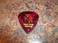Guitar Pick Medium Celluloid - Babe Books N More - Gold on Red Pearl Plastic