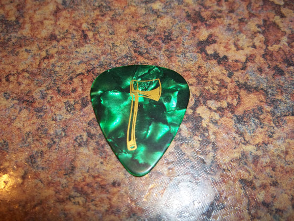 Guitar Pick Medium Celluloid - Wood Axe - Gold on Green Pearl Plastic
