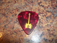 Guitar Pick Medium Celluloid - Battle Axe Guitar - Gold on Red Pearl Plastic