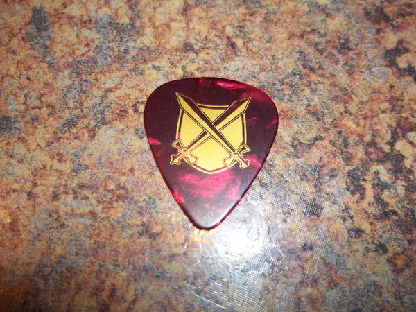 Guitar Pick Medium Celluloid - Shield and Swords - Gold on Red Pearl Plastic