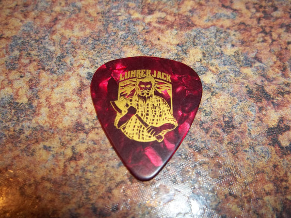 Guitar Pick Medium Celluloid - Lumberjack - Gold on Red Pearl Plastic