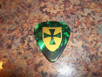 Guitar Pick Medium Celluloid - Shield - Gold on Green Pearl Plastic